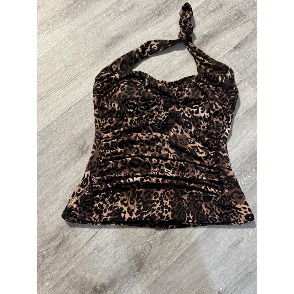 White Stag Leopard Print Halter Tankini Top Ruched Padded Brown Black Size M